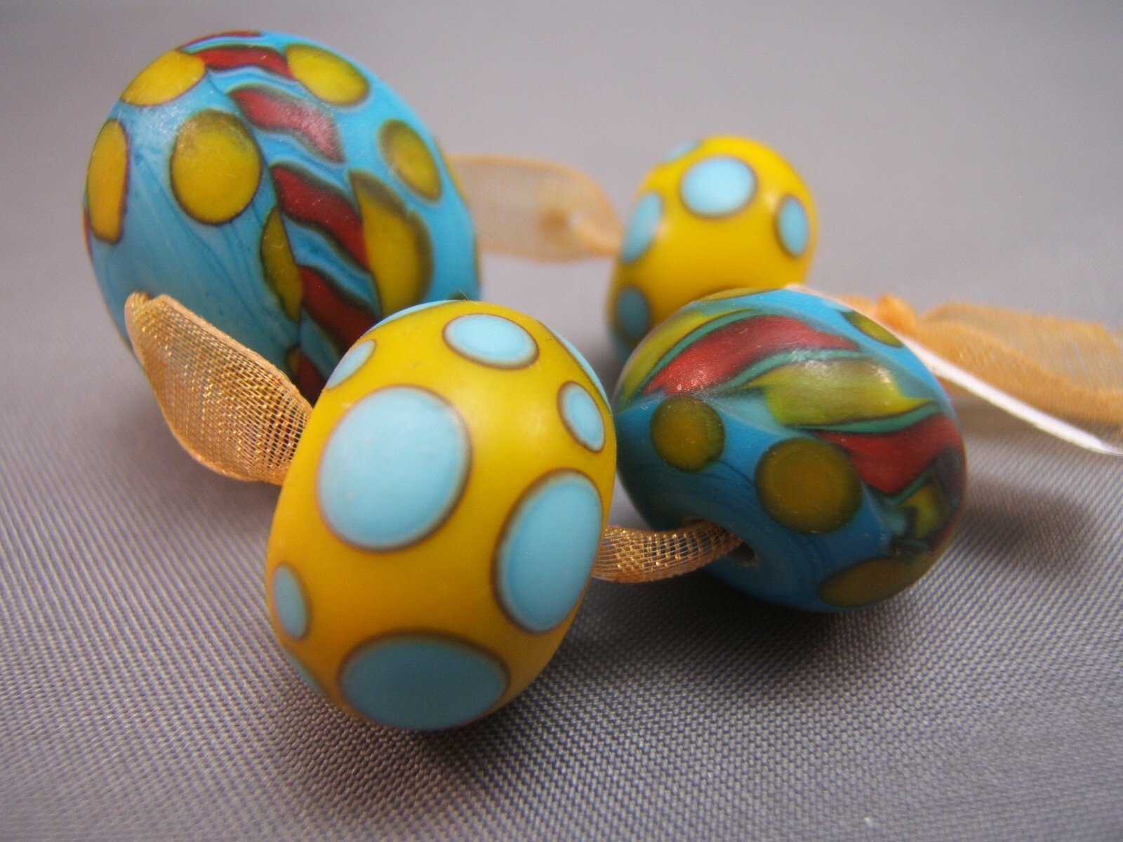 Artisan Made Matte Polka Dot & Stripe Turquoise Yellow Focal Beads Loose