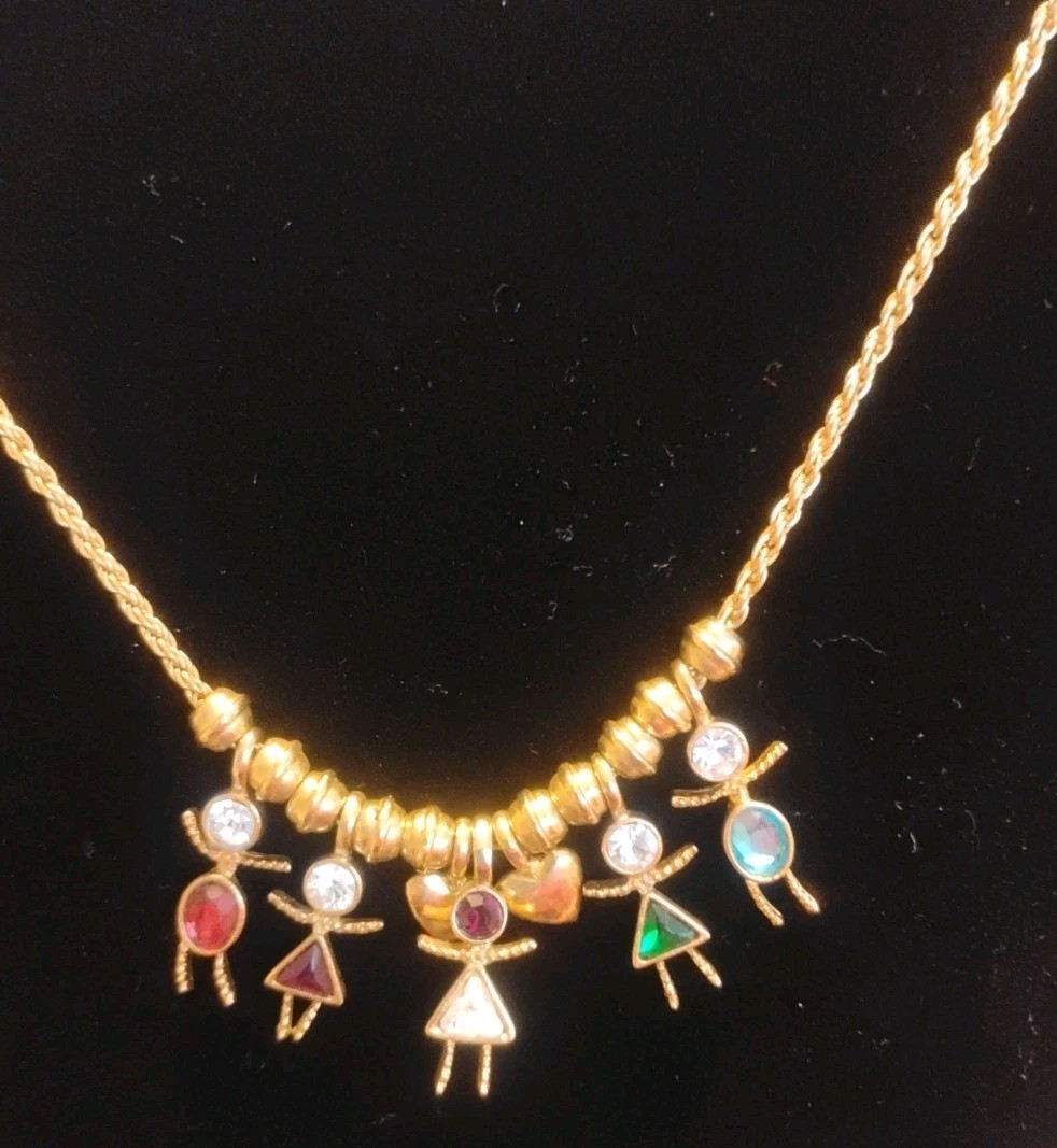 Birthstone Little People Pendants Gold-Toned: Lot x5 + Chain w 2 hearts Spacers