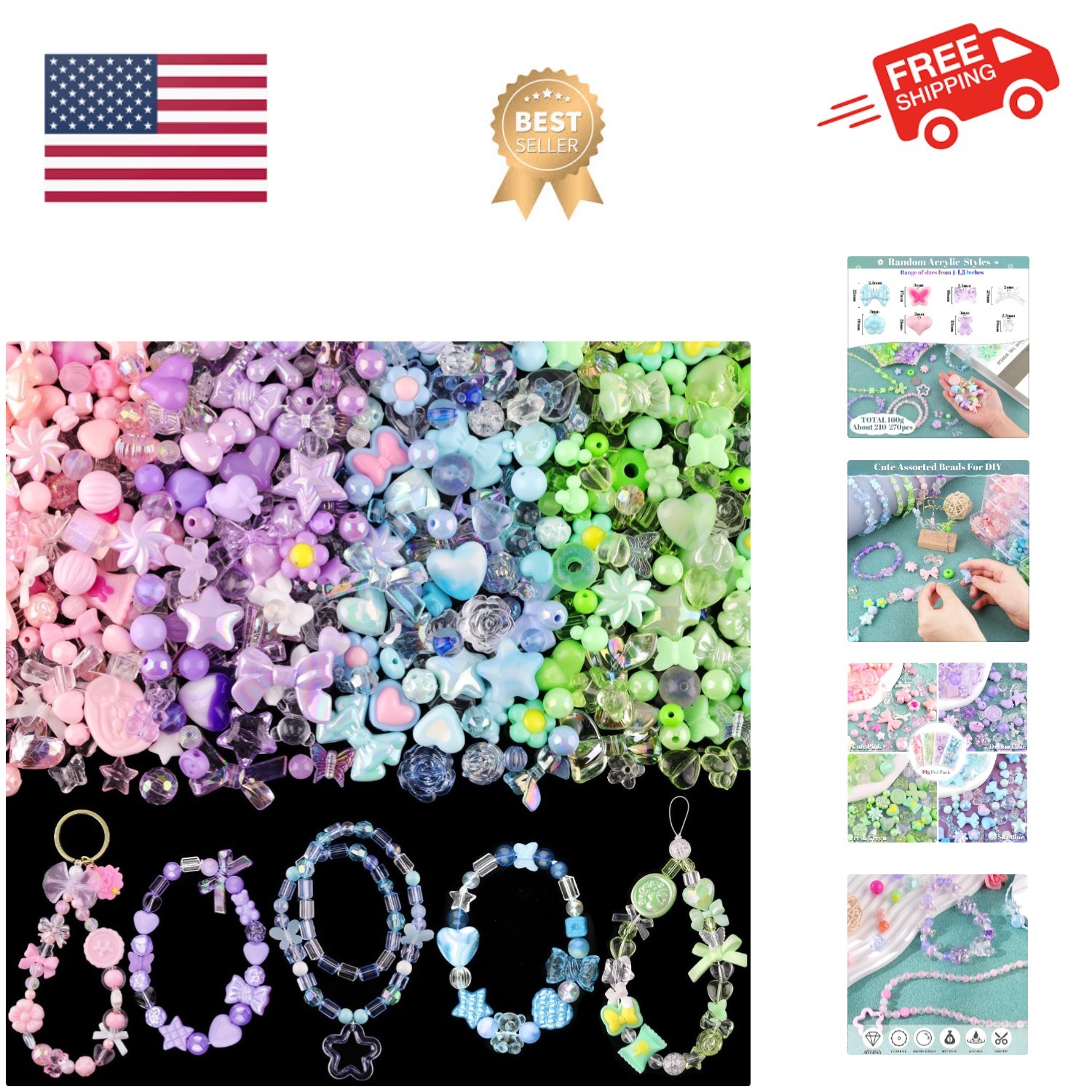Assorted 180-240PCS Acrylic Beads for Bracelet Making, Flower Bow Butterfly C…
