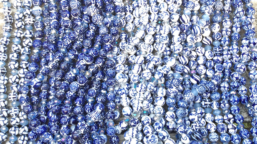 Blue White China Mixed Motifs 9mm – 10mm Round Ceramic Beads Q2 Strands