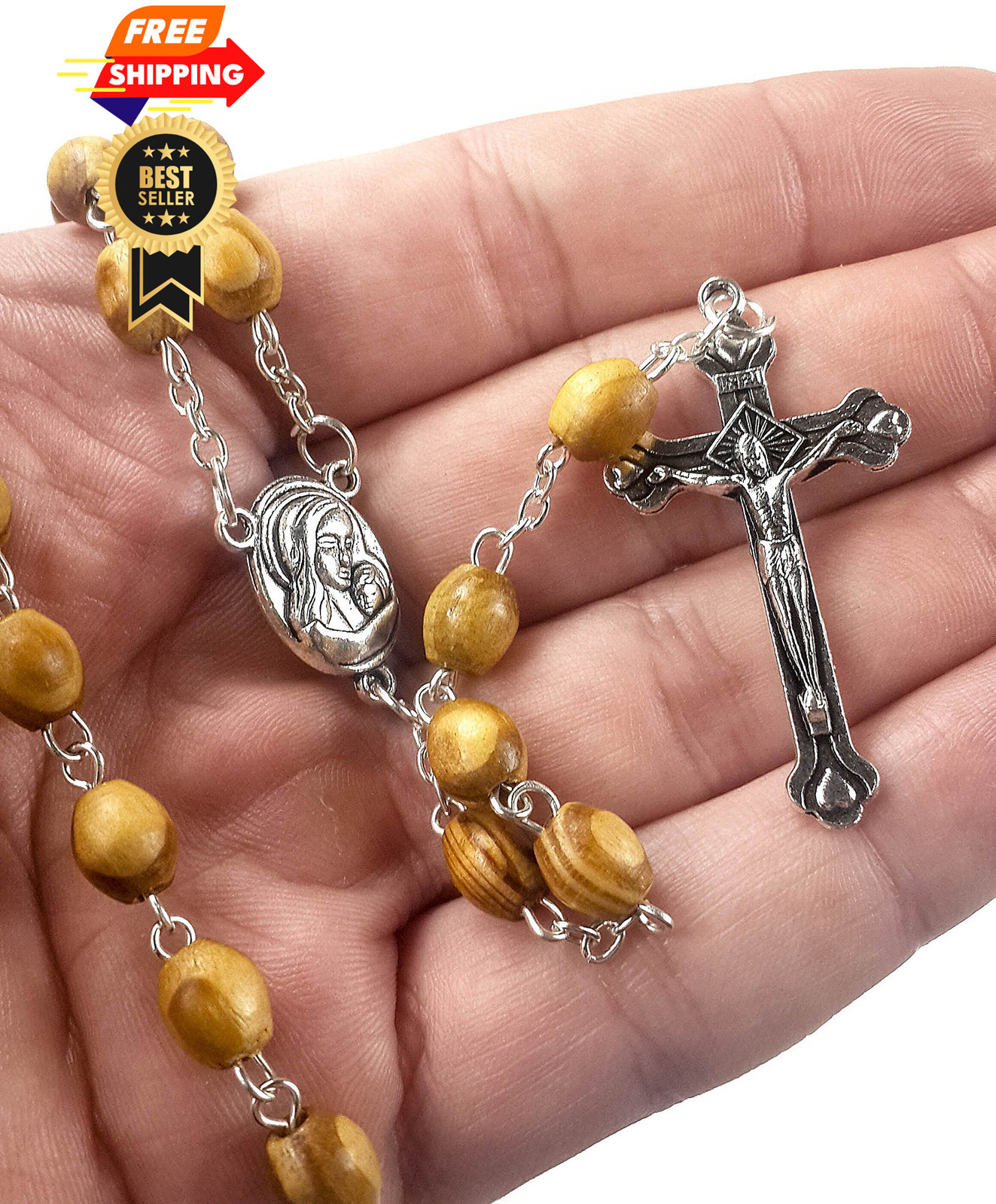 Nazareth Store Catholic Prayer Rosary Olive Wood Beads 21 inches, Brown