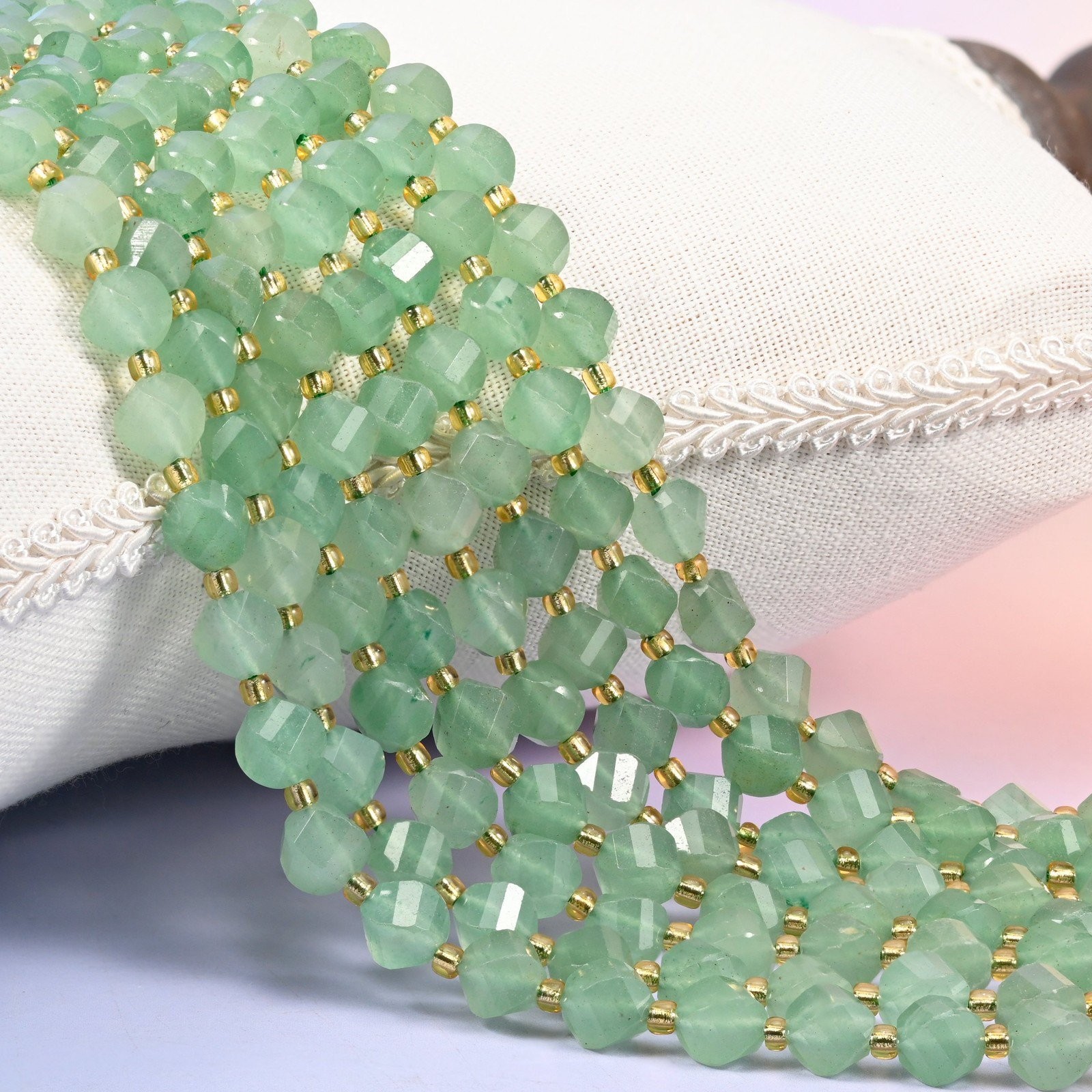 Green Aventurine Faceted Spiral Twist Beads: Size 8mm 10mm, Jewelry Making