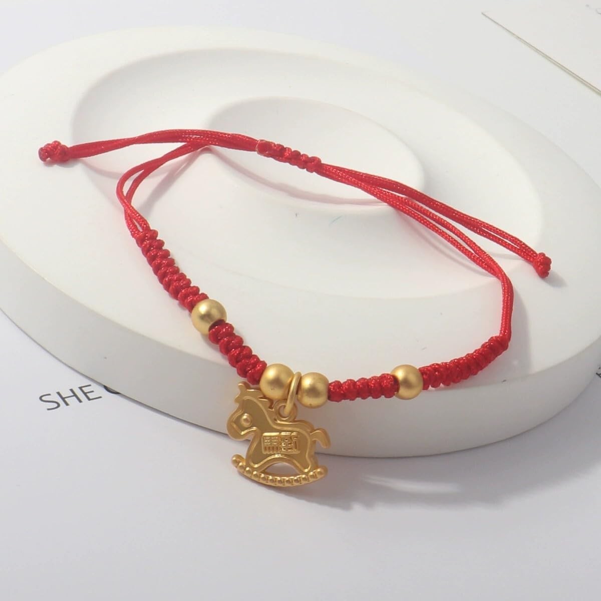 2Pcs/Set 2026 Chinese New Year Horse Red Rope Adjustable Bracelet Gold Bead – 02