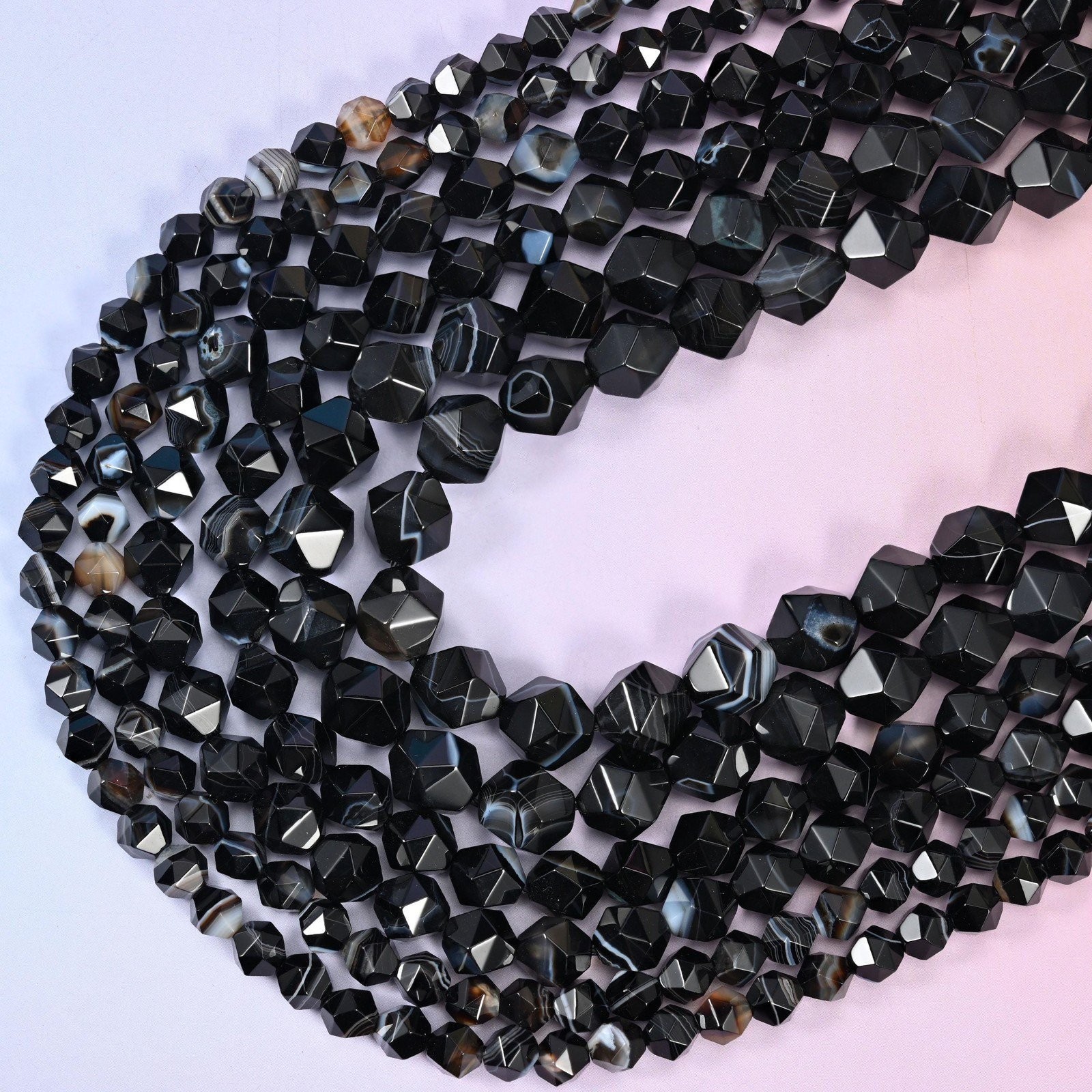 Black Strip Agate Beads: Faceted Diamond Star Cut, 6-10mm, 15.5 inch Strand