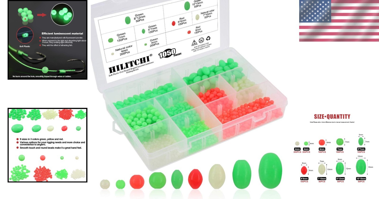 1050 Pcs Soft Plastic Fishing Beads – 9 Sizes Glow Eggs for All Fishing Needs