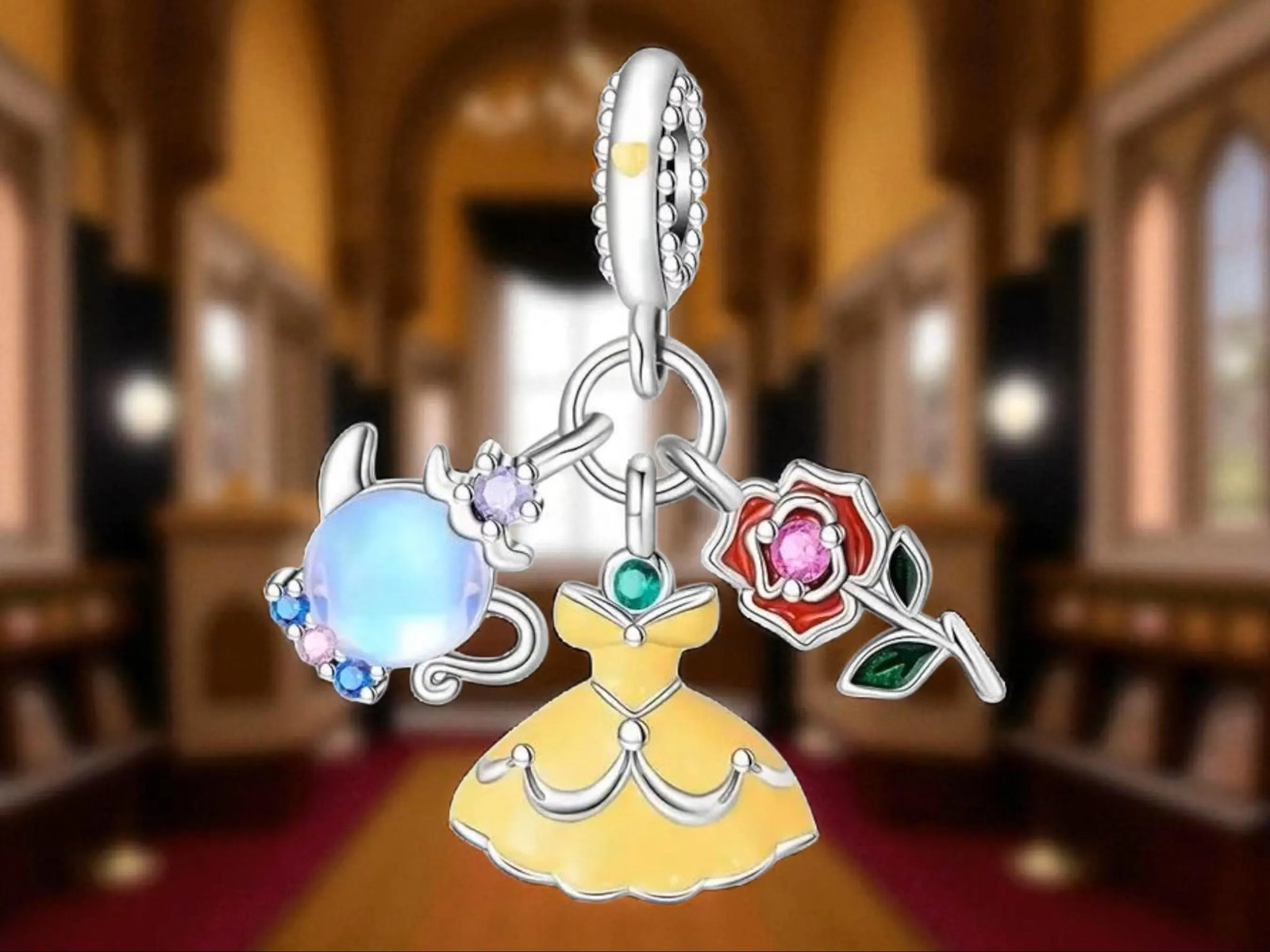 Beauty and the Beast Sterling Silver Charm, Enchanted Rose, Belle Dress