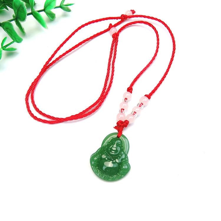 Green Jade Buddha Circle Red String Pendant Necklace – Chinese Traditional – 08