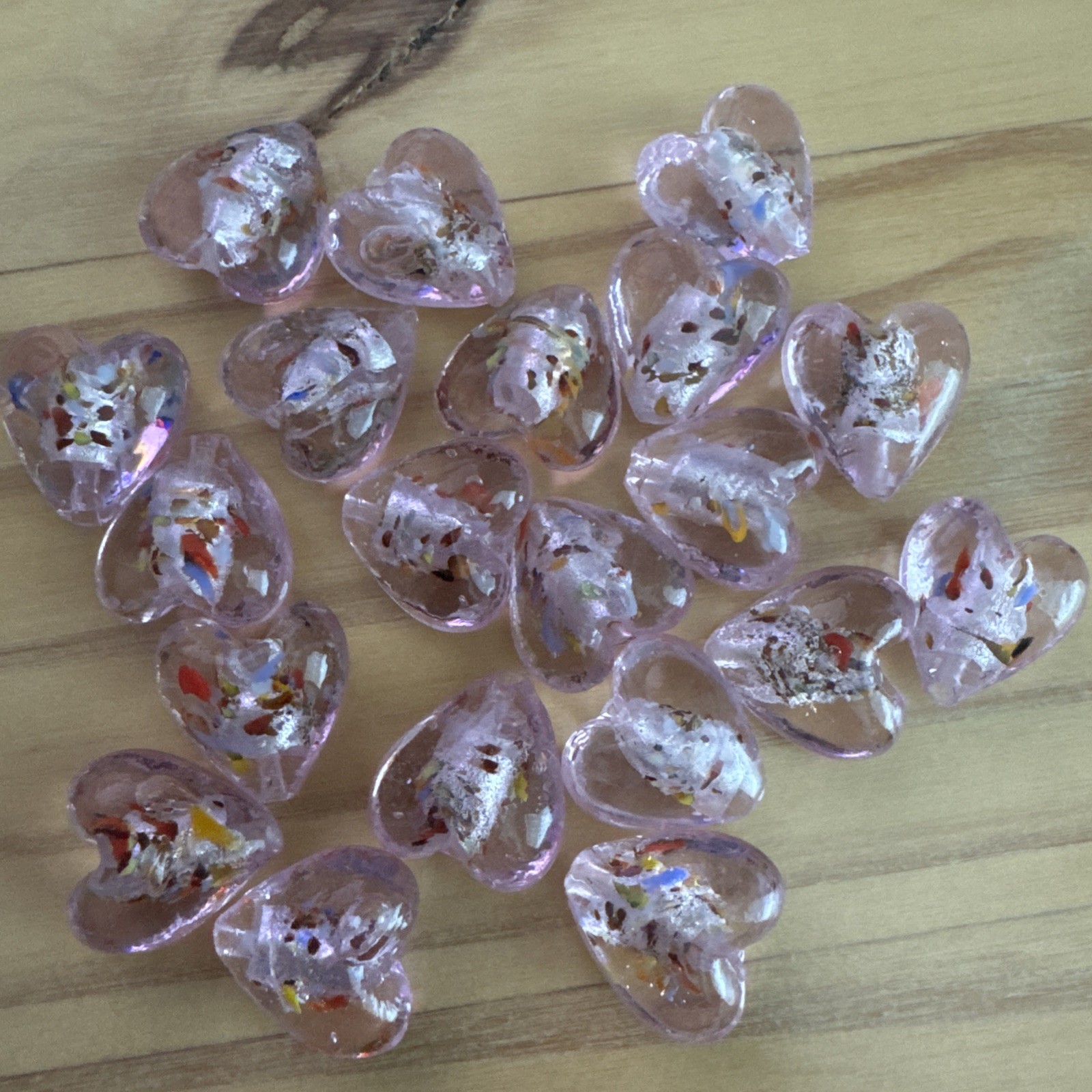 20  PINK CONFETTI HEART – Lampwork Glass Beads approx 15mm DIY