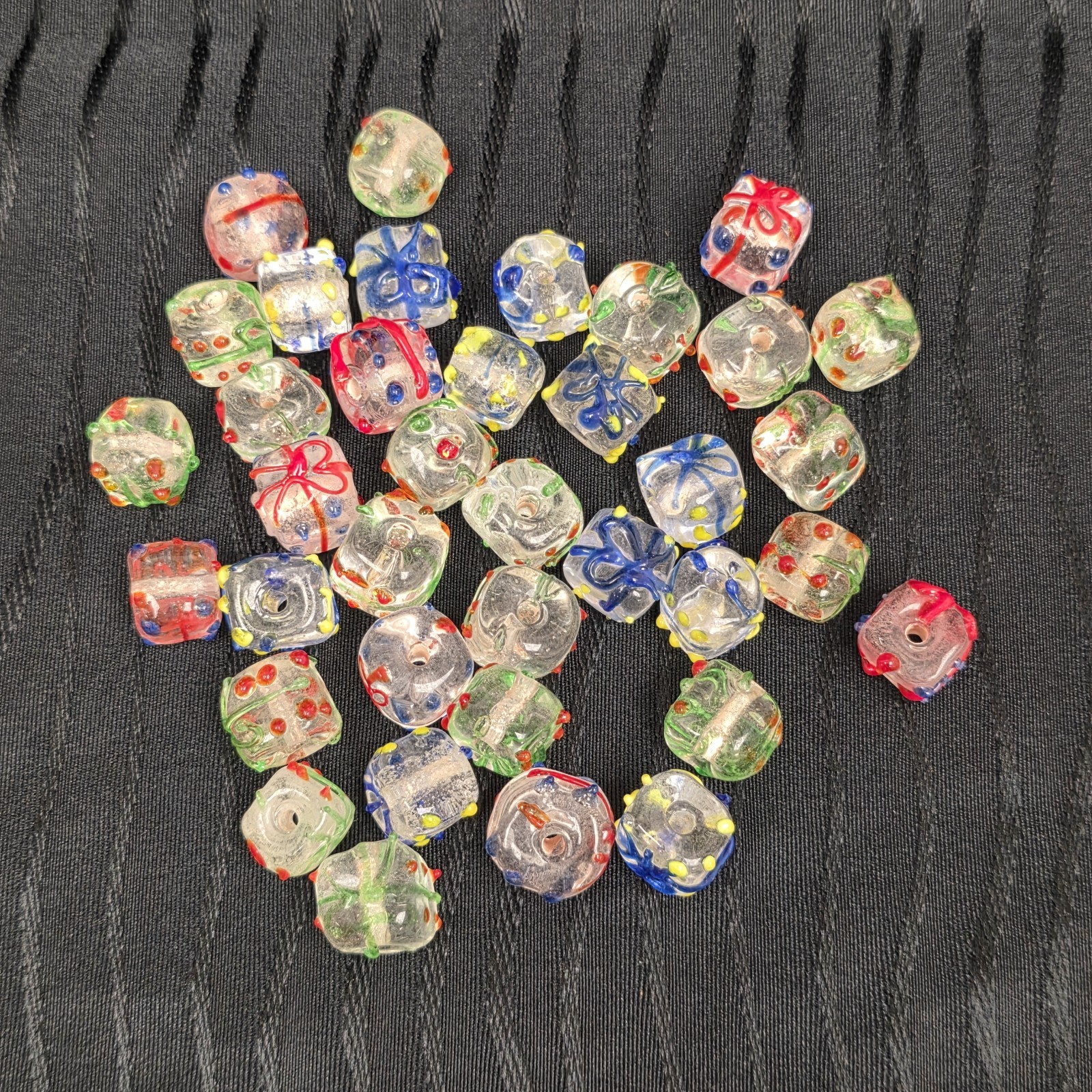 Handcrafted Art Glass Cube Beads Clear Multicolor Lampwork Jewelry Lot Of 35