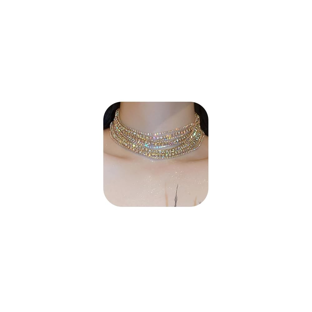 Boho Prom Big Shinny Caystals Rhinestones Choker Necklace Dainty Layered Sexy Ch