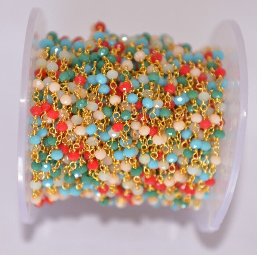 multi glass beads beaded rosary chain, Gold plated jewelry making bulk chain