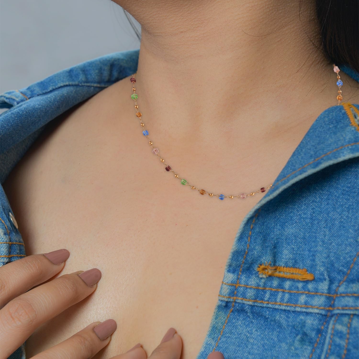 Multicolor Square Cubic Crystal Beaded Necklace, 38cm, Adult Women’s Coastal Str