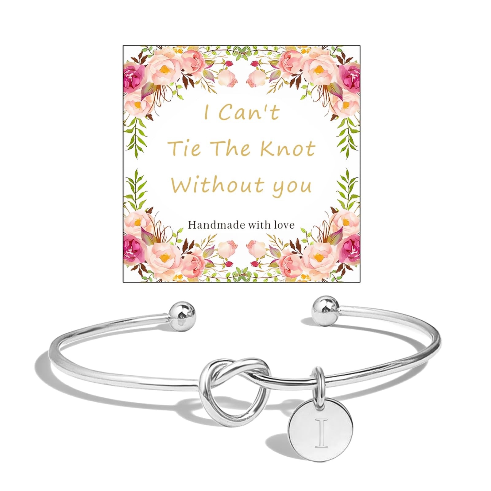 Silver-I Bangle Bracelet: Modern Knot Bracelet for Bride/Bridesmaid, Wedding, An