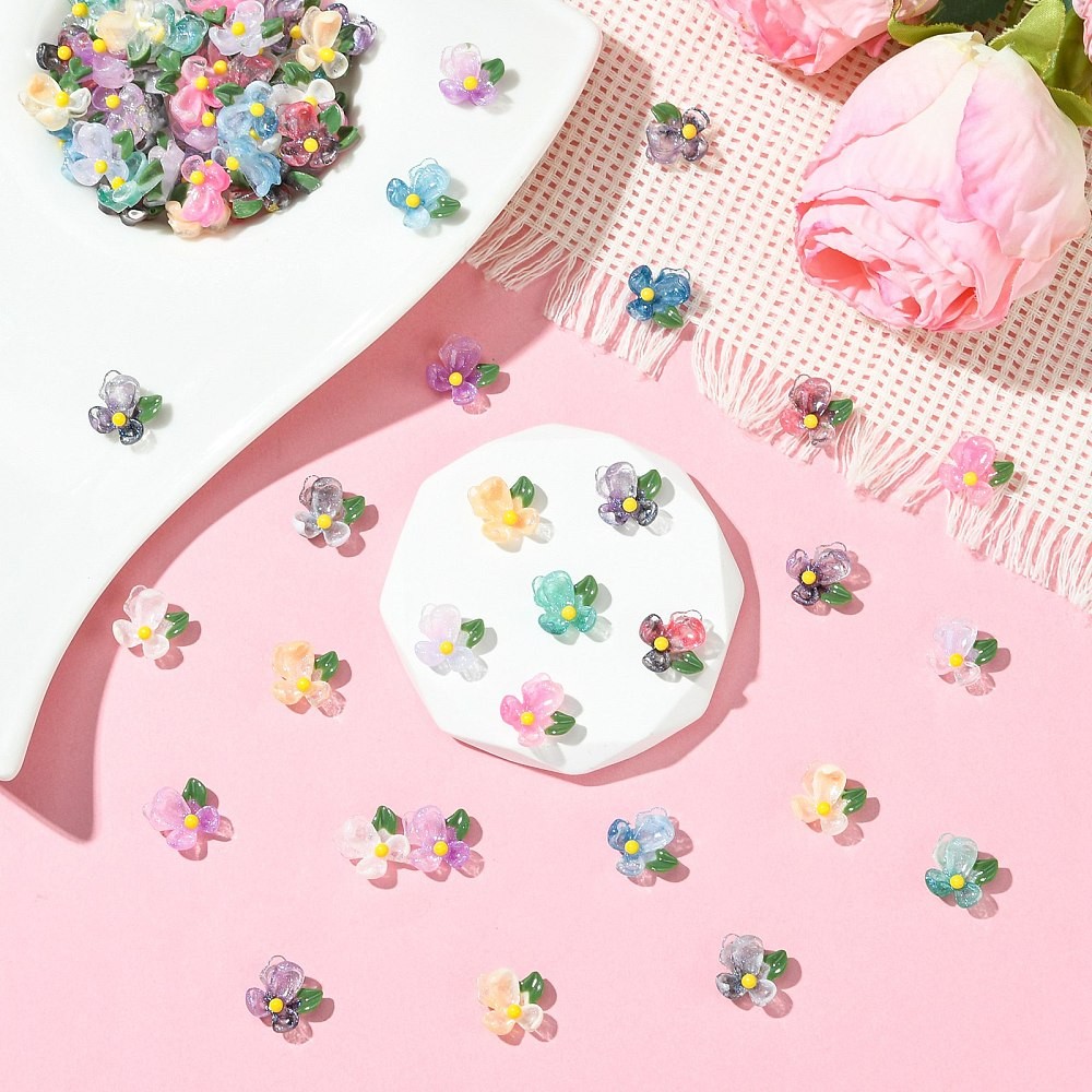 100pcs Transparent Resin Flower Cabochons with Glitter Powder for Crafts Phone