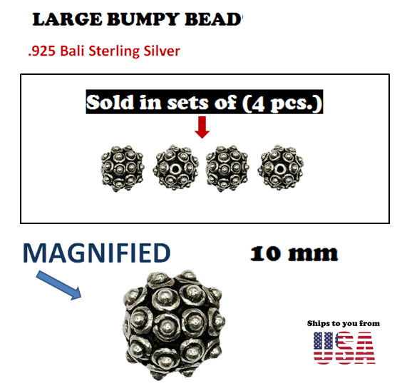 4 Pieces | 925 Sterling Silver | 10 mm Bumpy Bali Bead