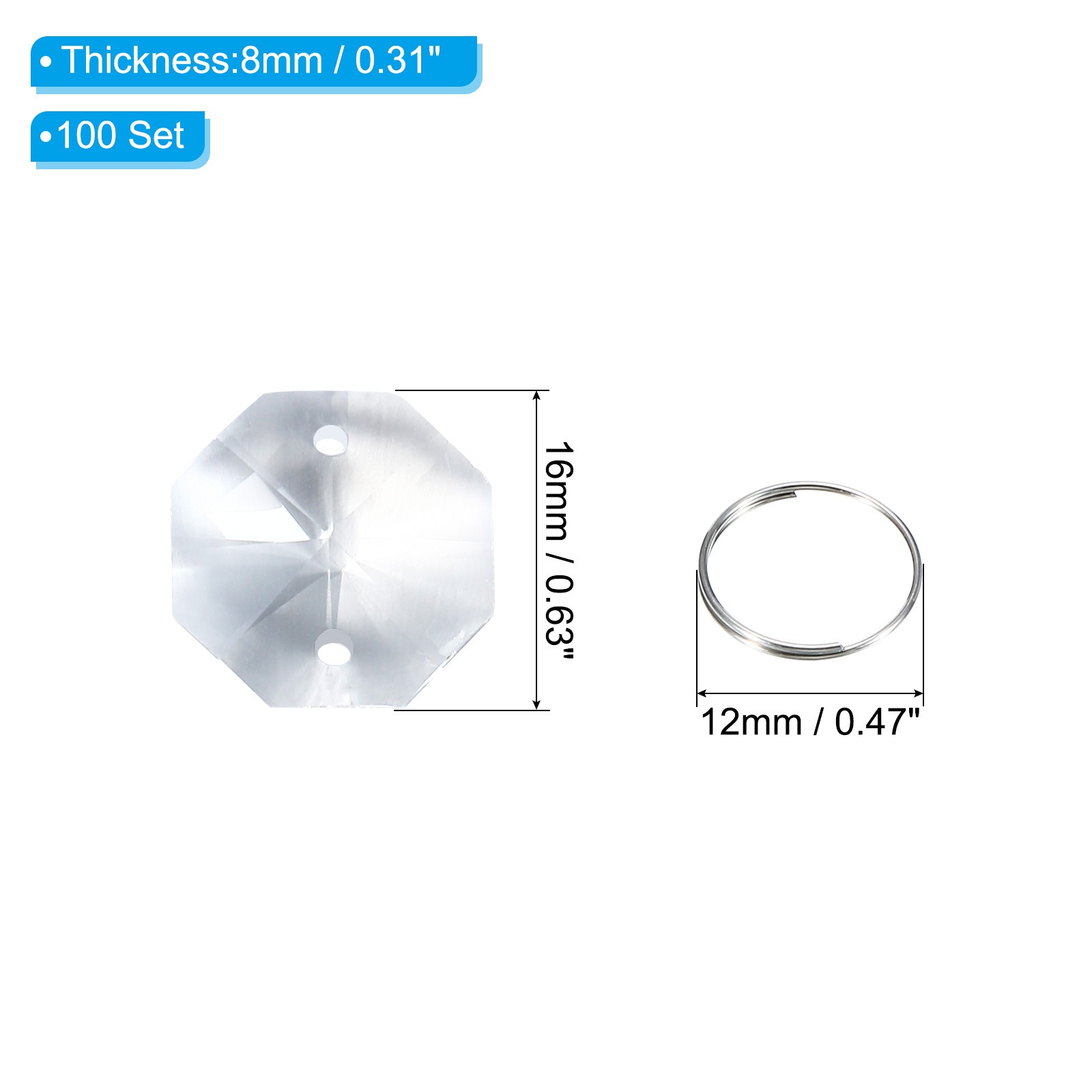 100 Pack K9 Crystal Octagon Beads 2 Holes Pendants with Ring 16mm Clear