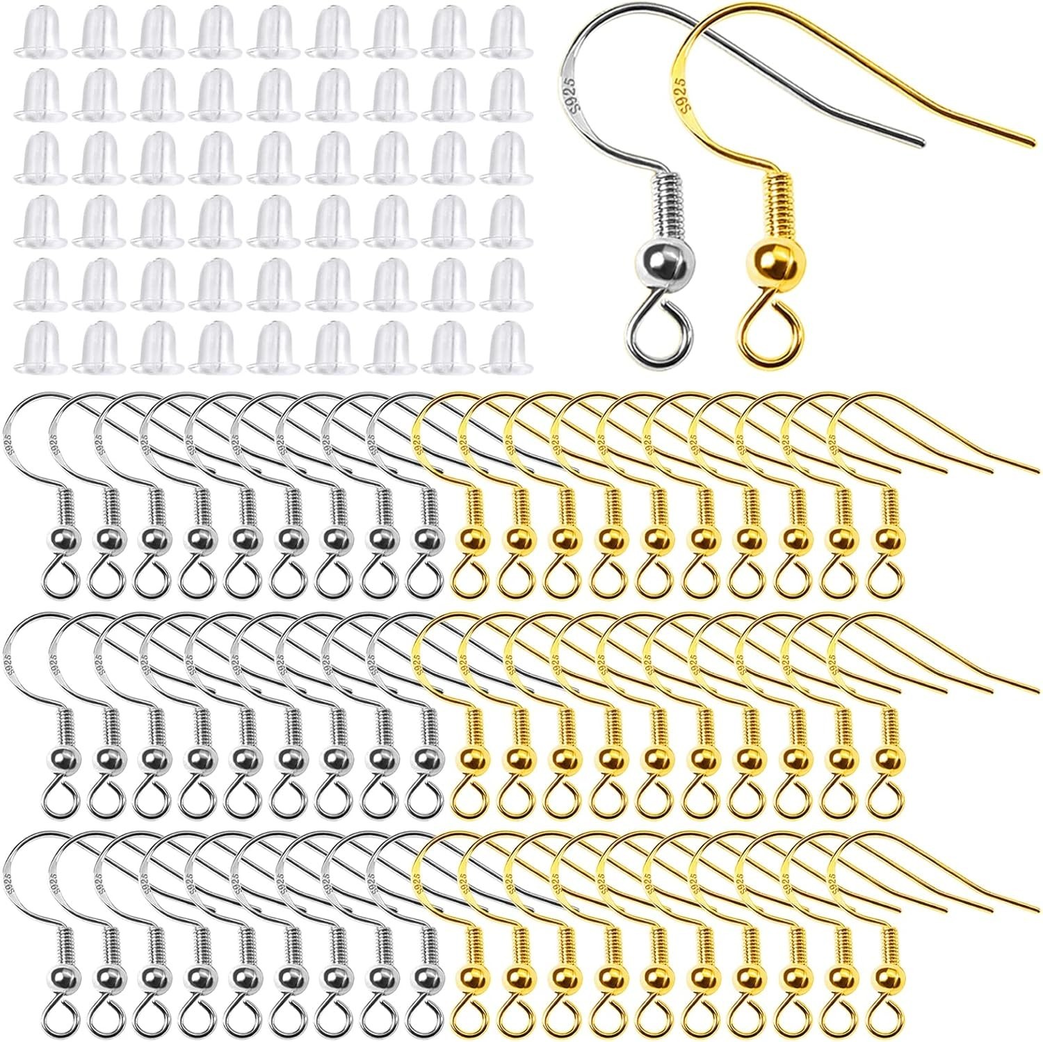200pcs Hypoallergenic 925 Sterling Silver Earring Hooks with 200 Backs for DIY