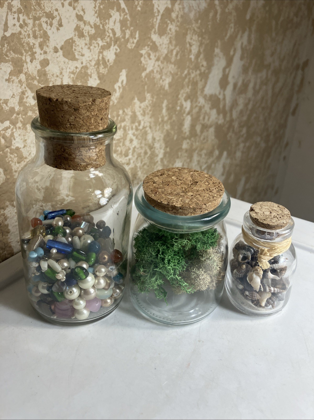 3 Small Glass Jars With Vintage Beads Reindeer Moss and Sea Shells For Craft