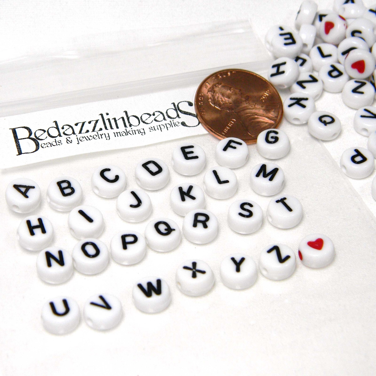 50 Black & White 7mm Round x 4mm Plastic Acrylic Disc Coin Alphabet Letter Beads