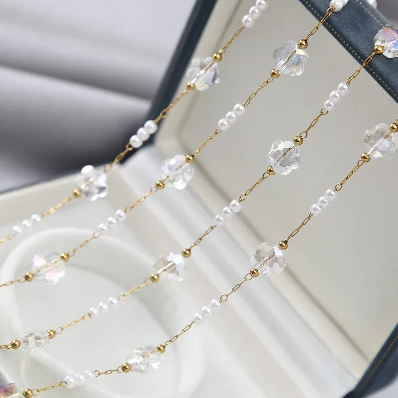 1meter Gold Plated Crystal Beads Stainless Steel Chains Charm Flower Chain