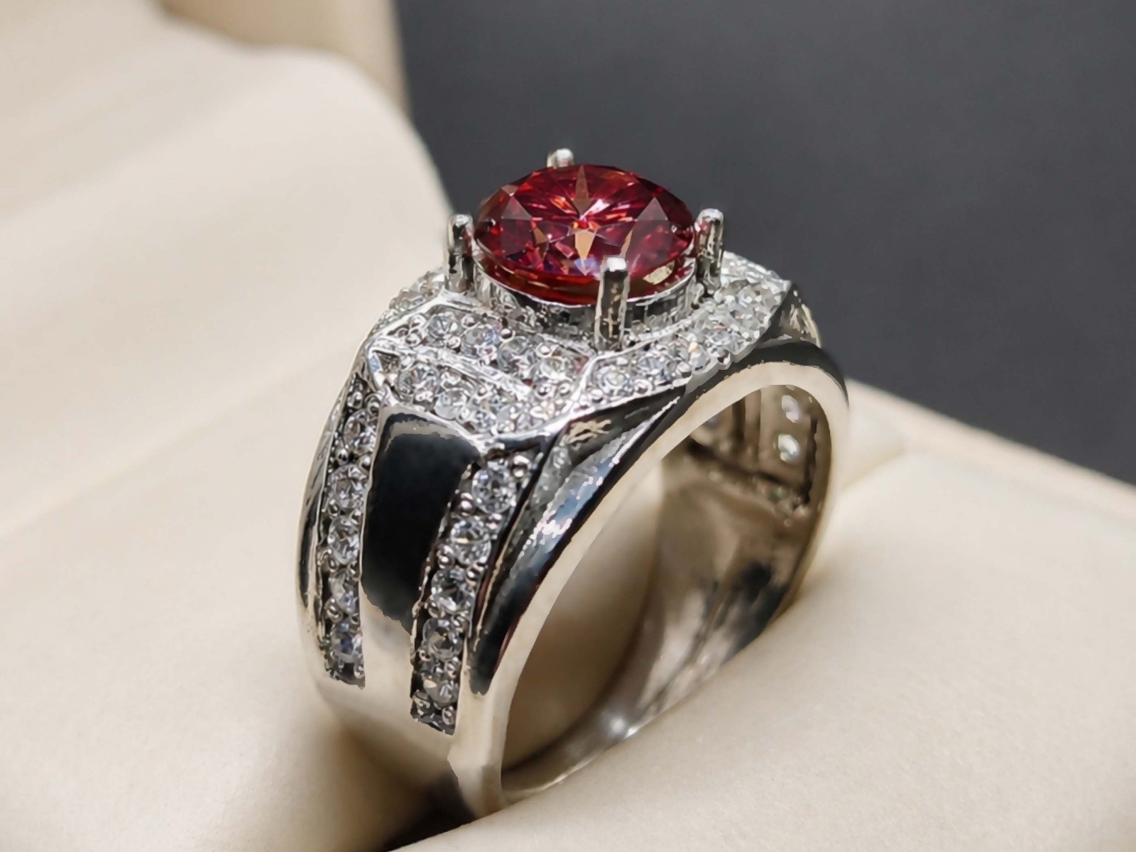 Red Moissanite Diamond Sterling Silver 925 Handmade Women Elegant Channel Ring