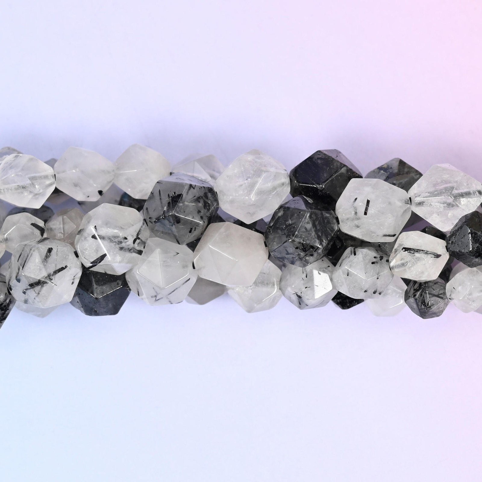 Black Rutilated Quartz Diamond Star Cut Beads 6mm 8mm 10mm 15.5 Inch Strand