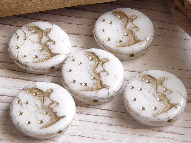 5 – 17mm CZECH OPAQUE WHITE GOLD WASH MOON FACE, STARS, MAN IN THE MOON BEADS
