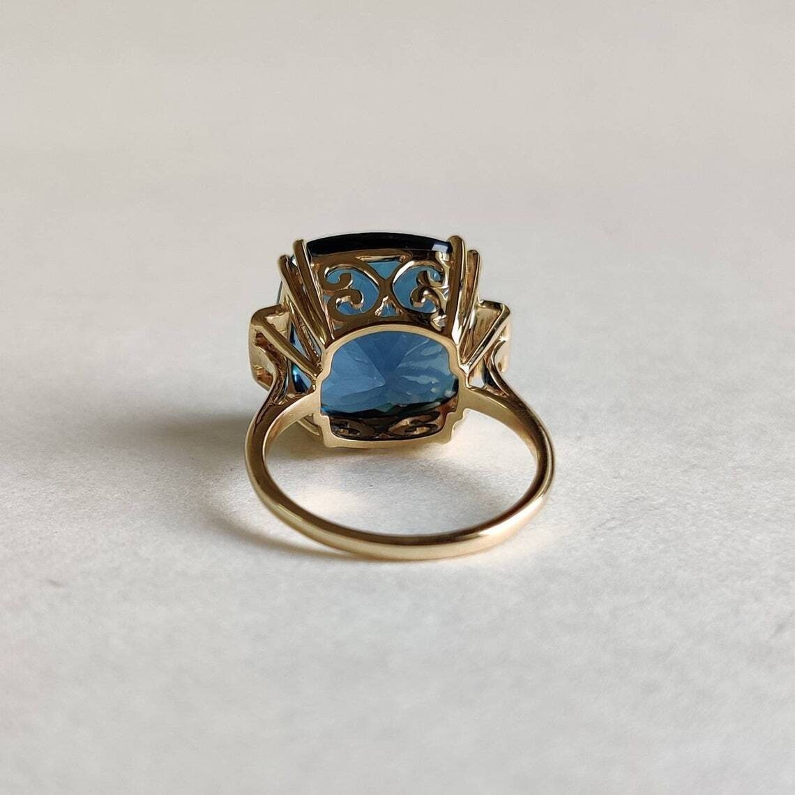 Cushion Cut London Blue Topaz Art Deco Wedding Ring 14k gold plated Silver