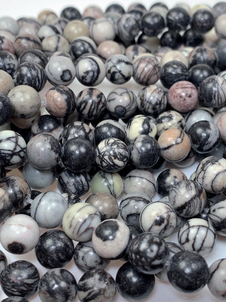 Natural Black Spider Web Stripes Jasper Smooth Round Beads 15.5″ Strand Gemstone