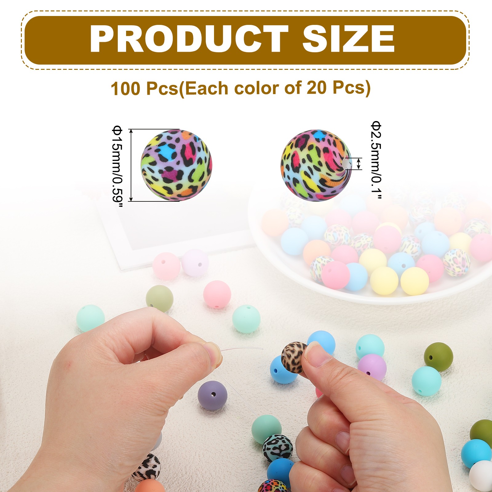 100 Pcs Silicone Beads Bulk, Multicolor 15mm Silicone Round Focal Loose Beads