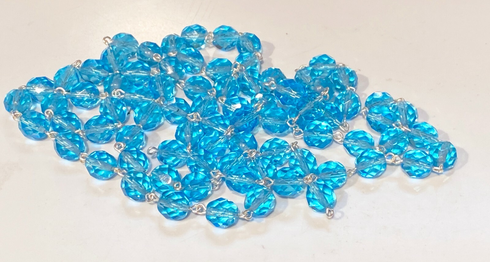NEW: 1 meter AQUA TEAL Crystal Rosary Chain Silver, 8mm faceted round beads