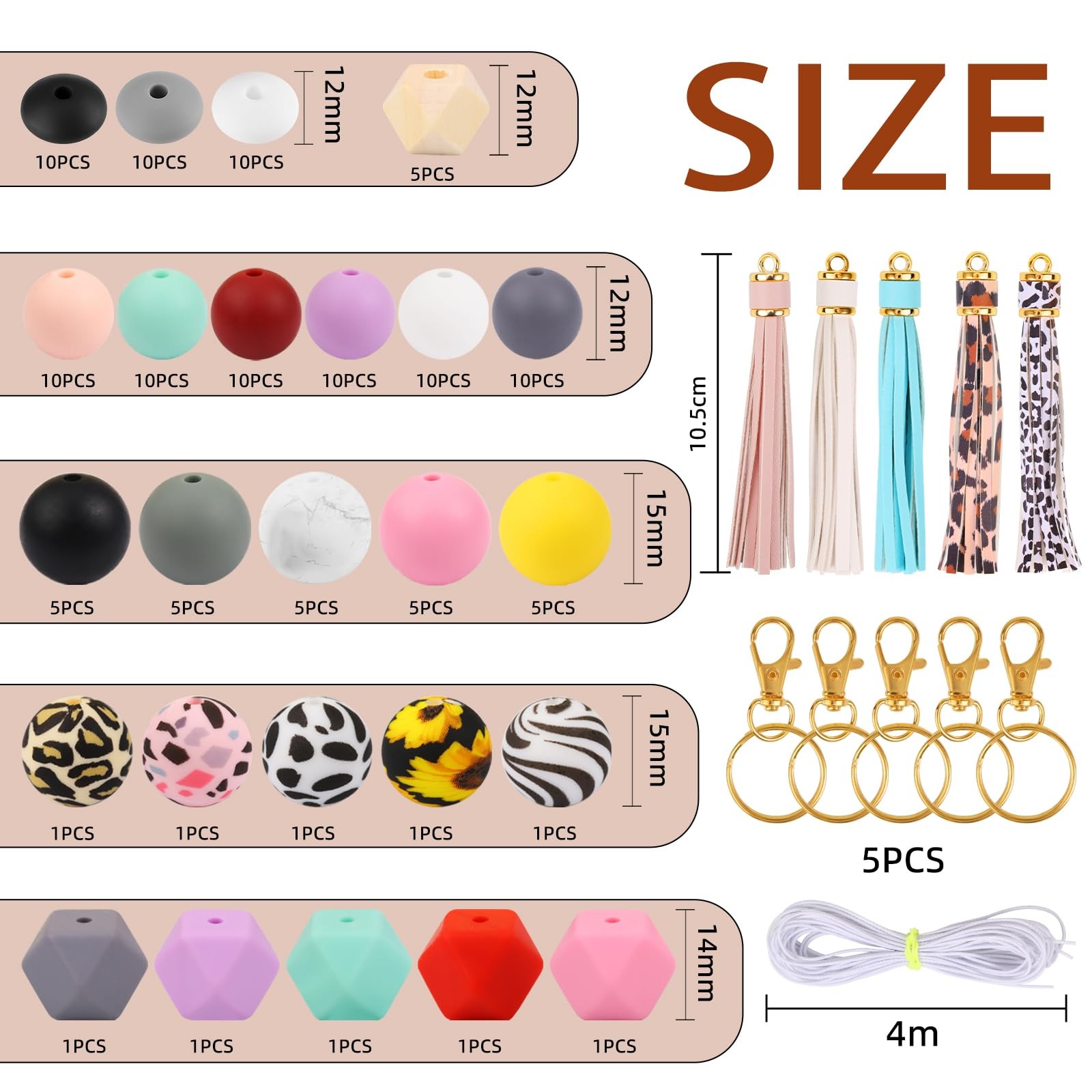 141pcs Silicone Beads for Keychain Making Kit 15mm 12mm Round 14mm Polygonal …