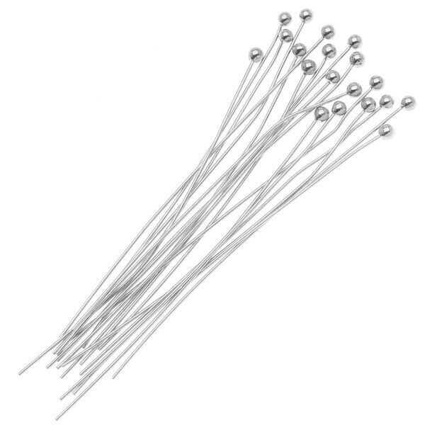 100 Silver Plated Brass BALL END HEAD Pins 2 inch 24 gauge No Lead No Nickel