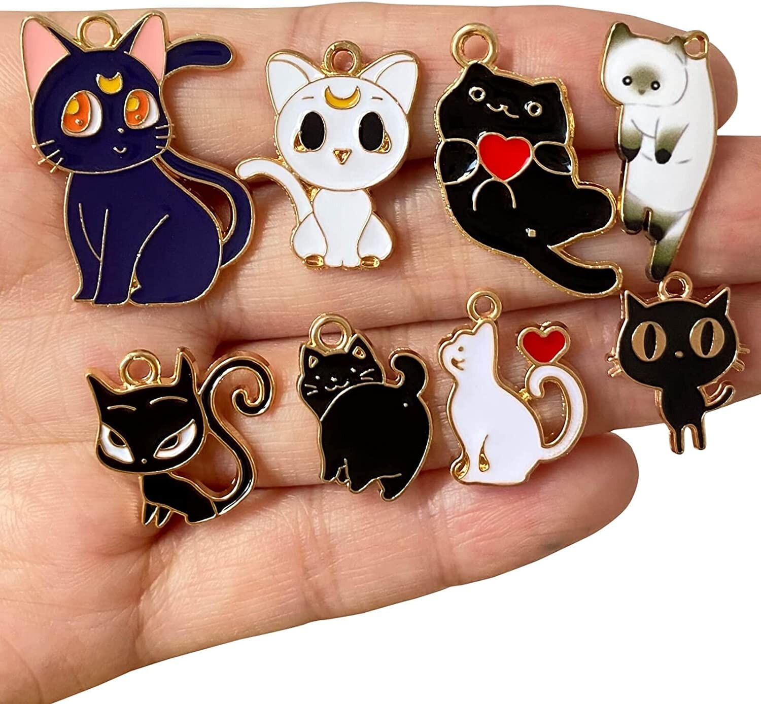 6 Enamel Cat Charms Assorted Lot Fur Baby Animal Pendants Jewelry Making Supply