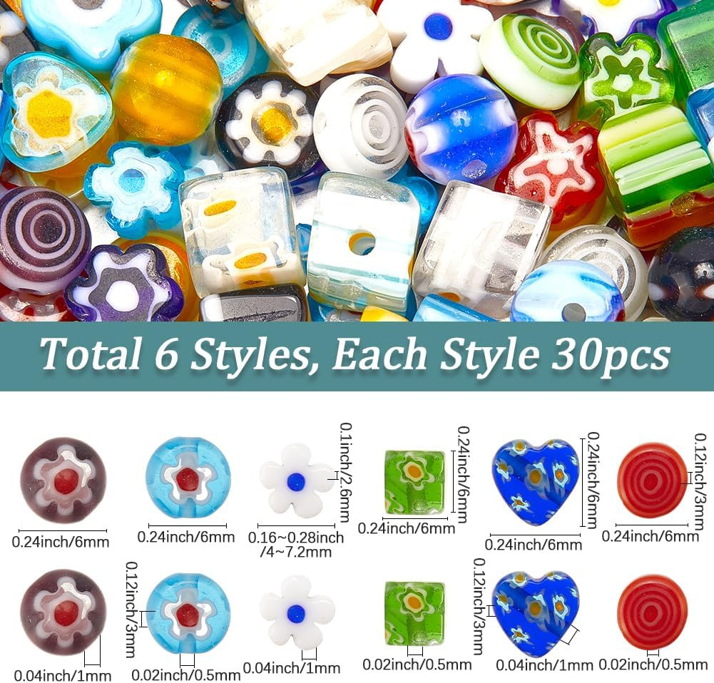 1 Box 6 Styles 180PCS Mixed Millefiori Handmade Lampwork Glass Beads with Holes
