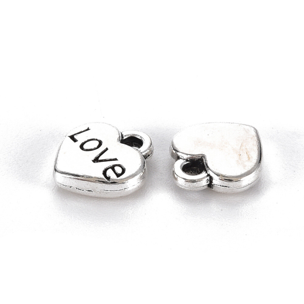 10 Heart Charms Love Word Pendants Inspirational Antiqued Silver Tag 9mm