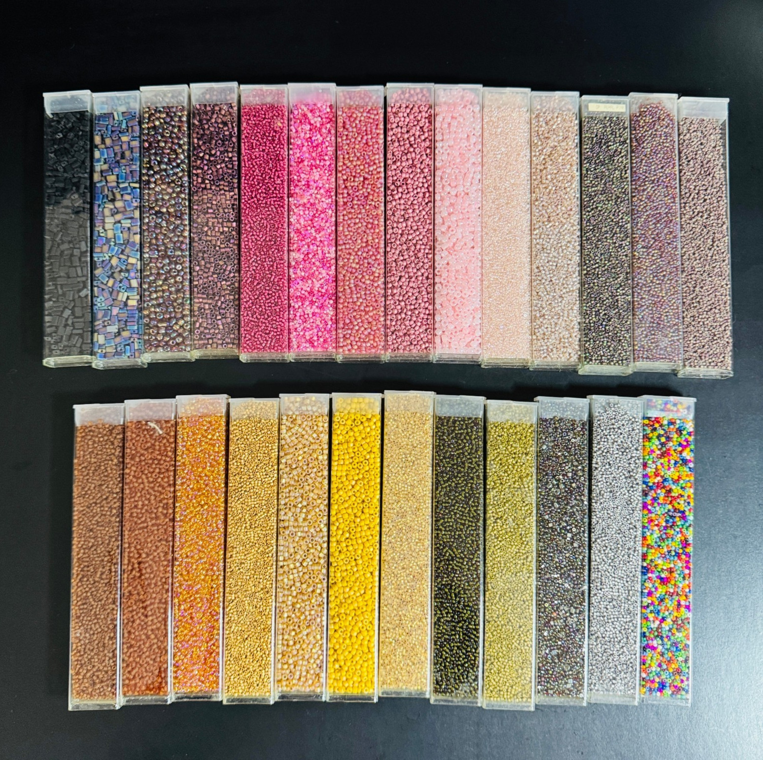Glass Seed Bead Lot 26 Tubes – Iridescent Neon Mix Different Sizes NOS