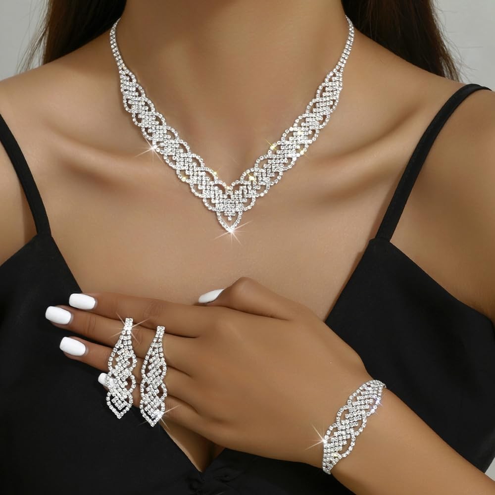 Boho Bridal Wedding Silver Shinny Rhinestones Choker Necklace Earrings Bracelet