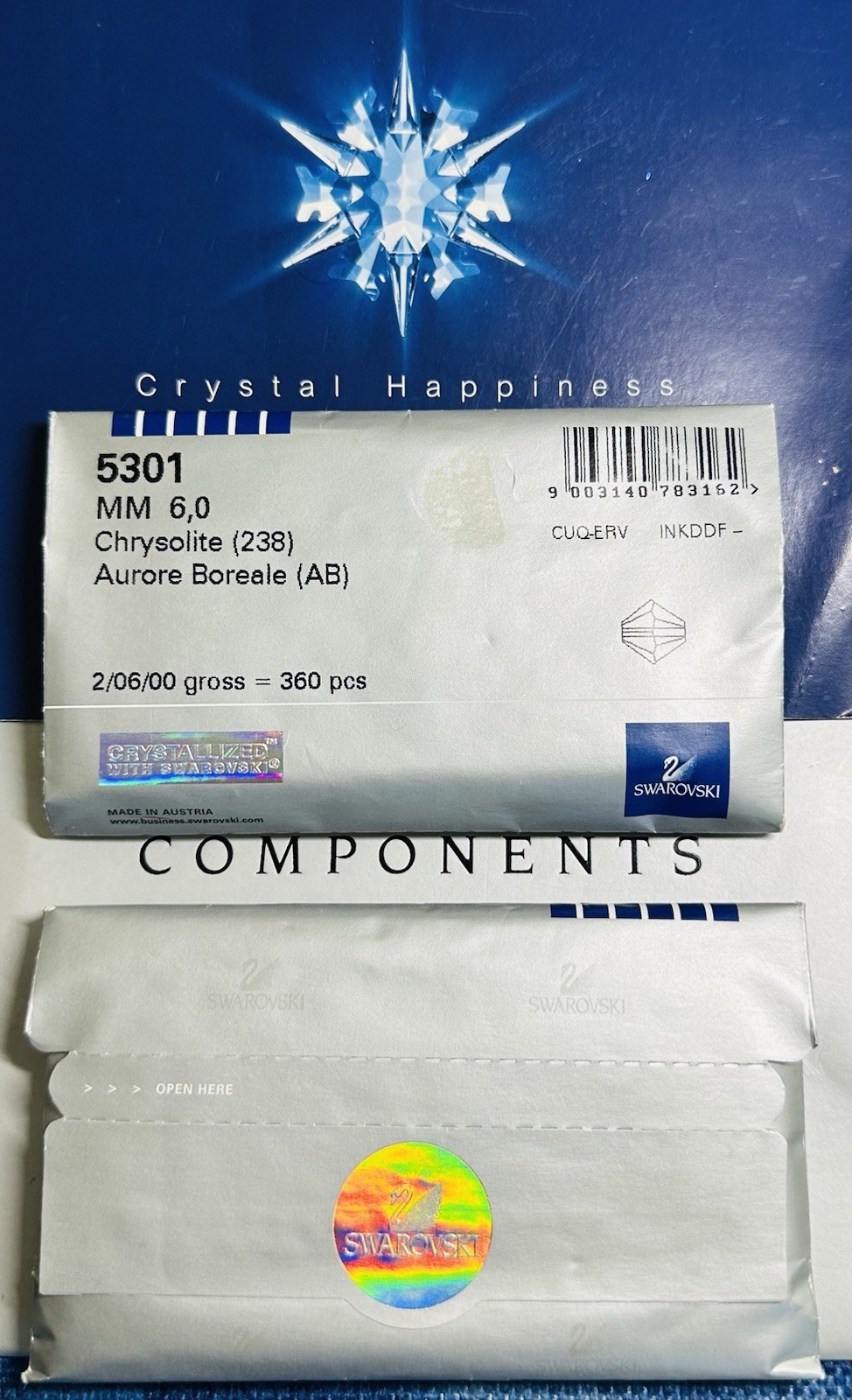 Swarovski 5328 6mm Chrysolite AB Sealed Pack 360pcs. Austrian Rare Crystals