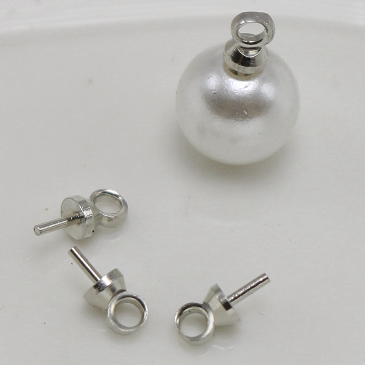 100 Silver Tone Eye Pin Pendant Connector Bail For Half-Drilled Pearl with 3mm