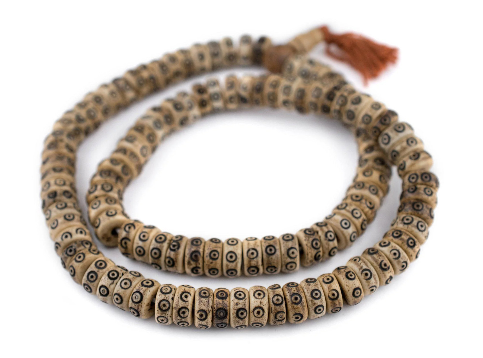Brown Carved Eye Disk Bone Mala Beads 12mm Nepal Large Hole 22 Inch Strand