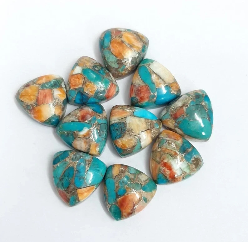 [WHOLESALE] SPINY OYSTER COPPER TURQUOISE CABOCHON TRILLION SHAPE LOOSE GEMSTONE
