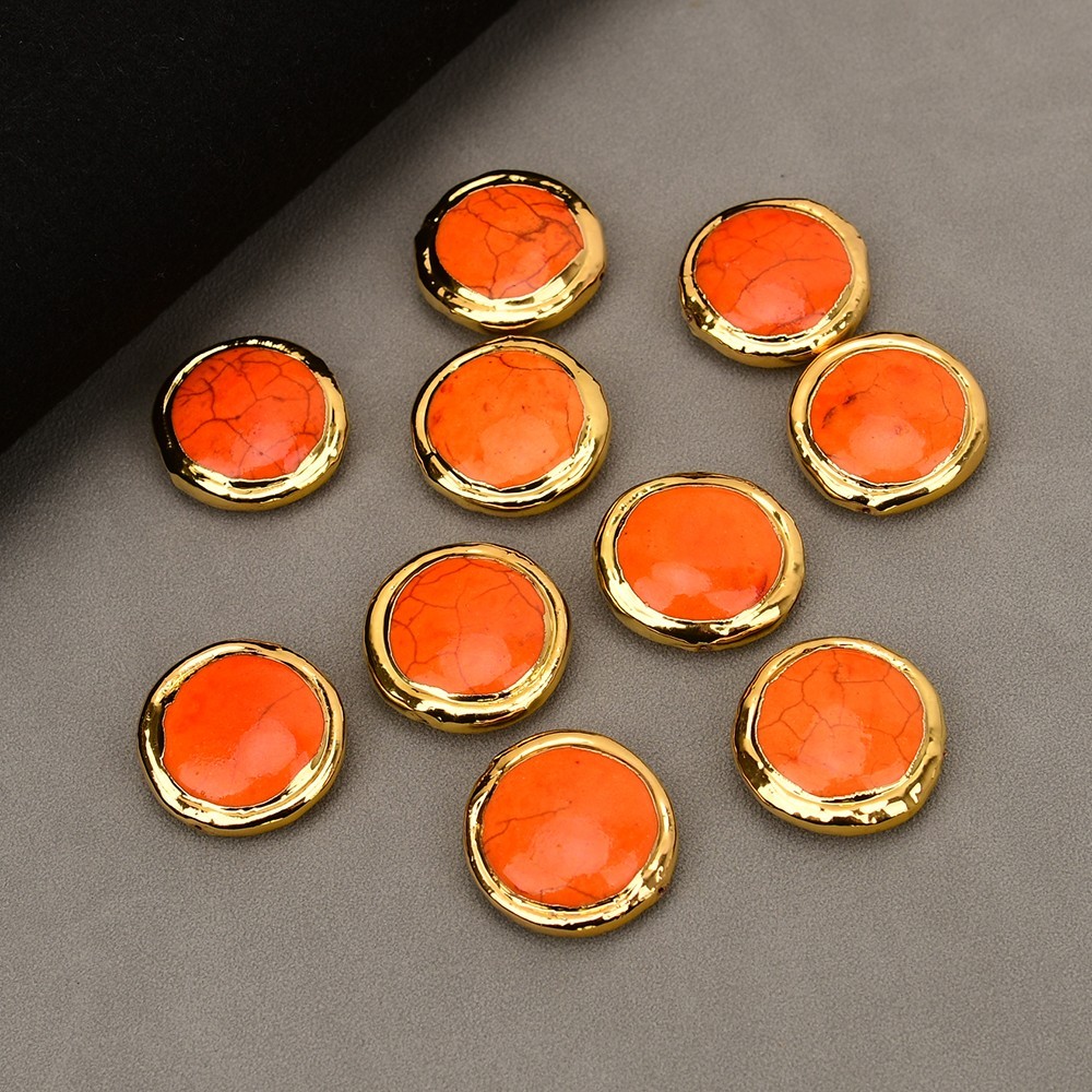 10 Pcs Orange Turquoise Coin Shape Spacer Beads Gold Plated Bezel Set Connector