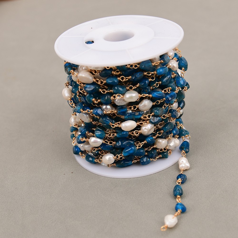 1 Meter Cultured White Keshi Pearl Blue Apatite Stone Chain DIY Jewelry making