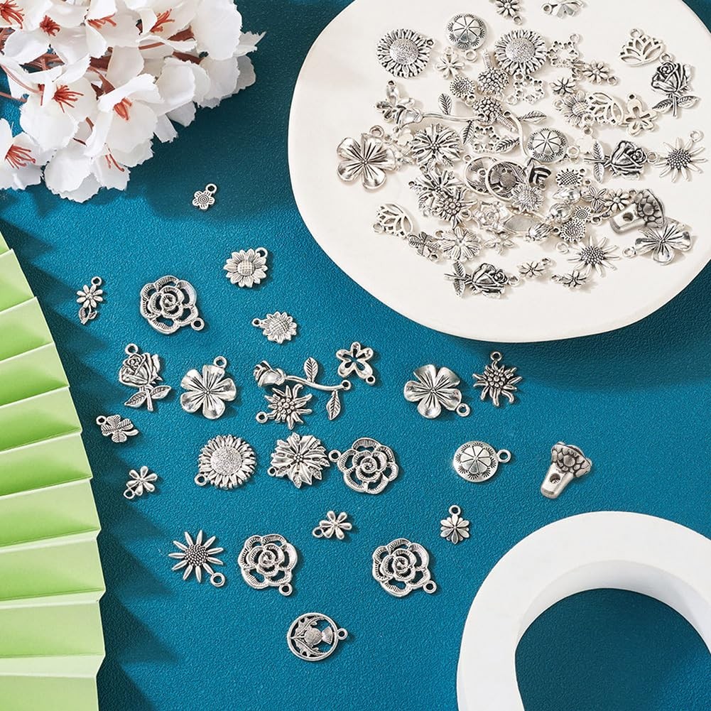 96pcs Tibetan Style Flower Charms for Jewelry Making Metal Silver Floral Char…