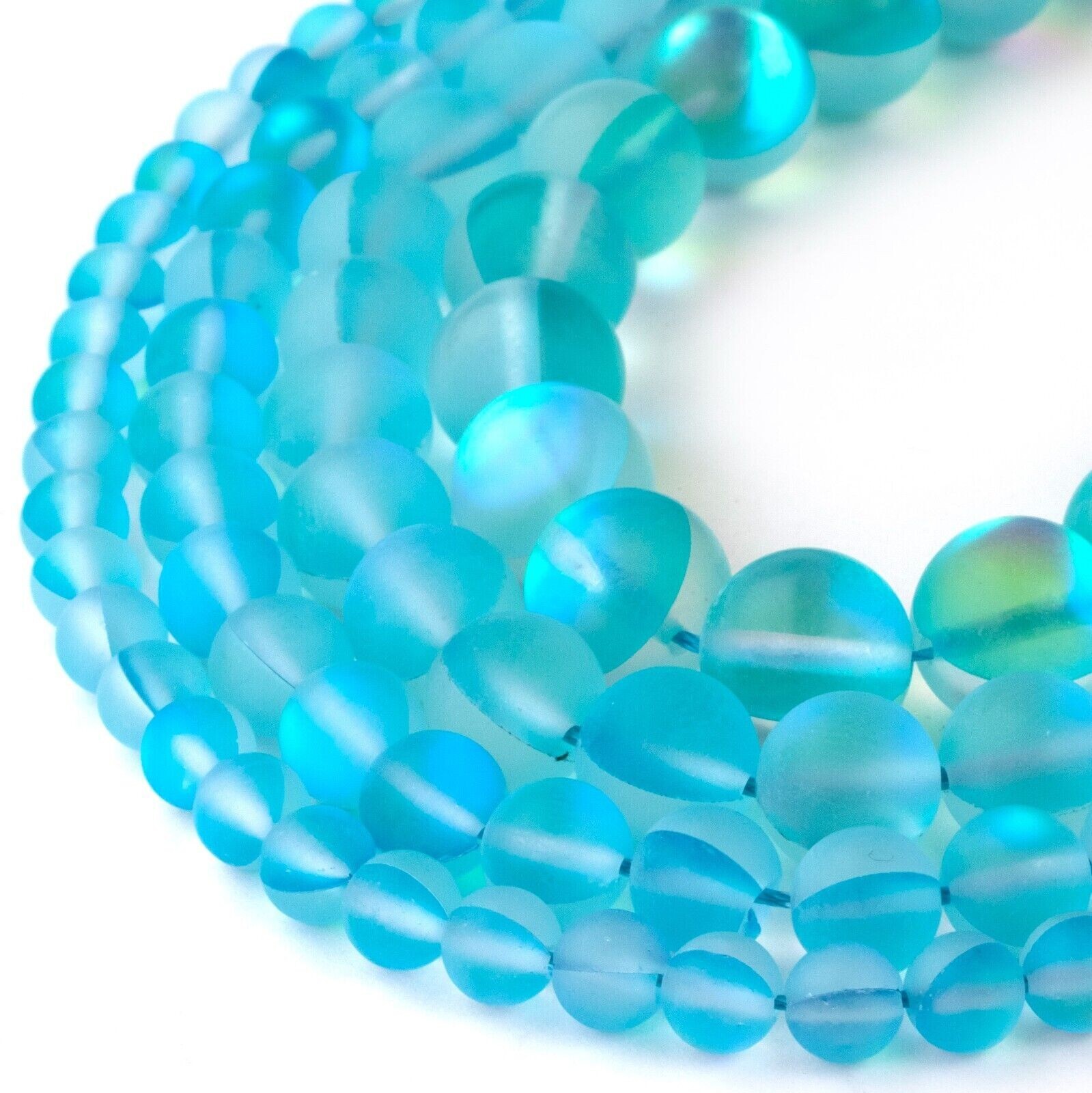 Matte Aqua Blue Mystic Aura Round Beads 15″ Strand Frosted Mermaid Glass
