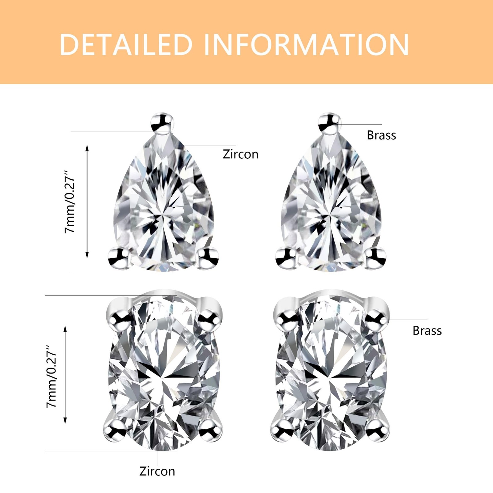 2 Pairs Earrings Tear Drop & Oval Ear Stud Platinum Plated Earrings Inlaid with