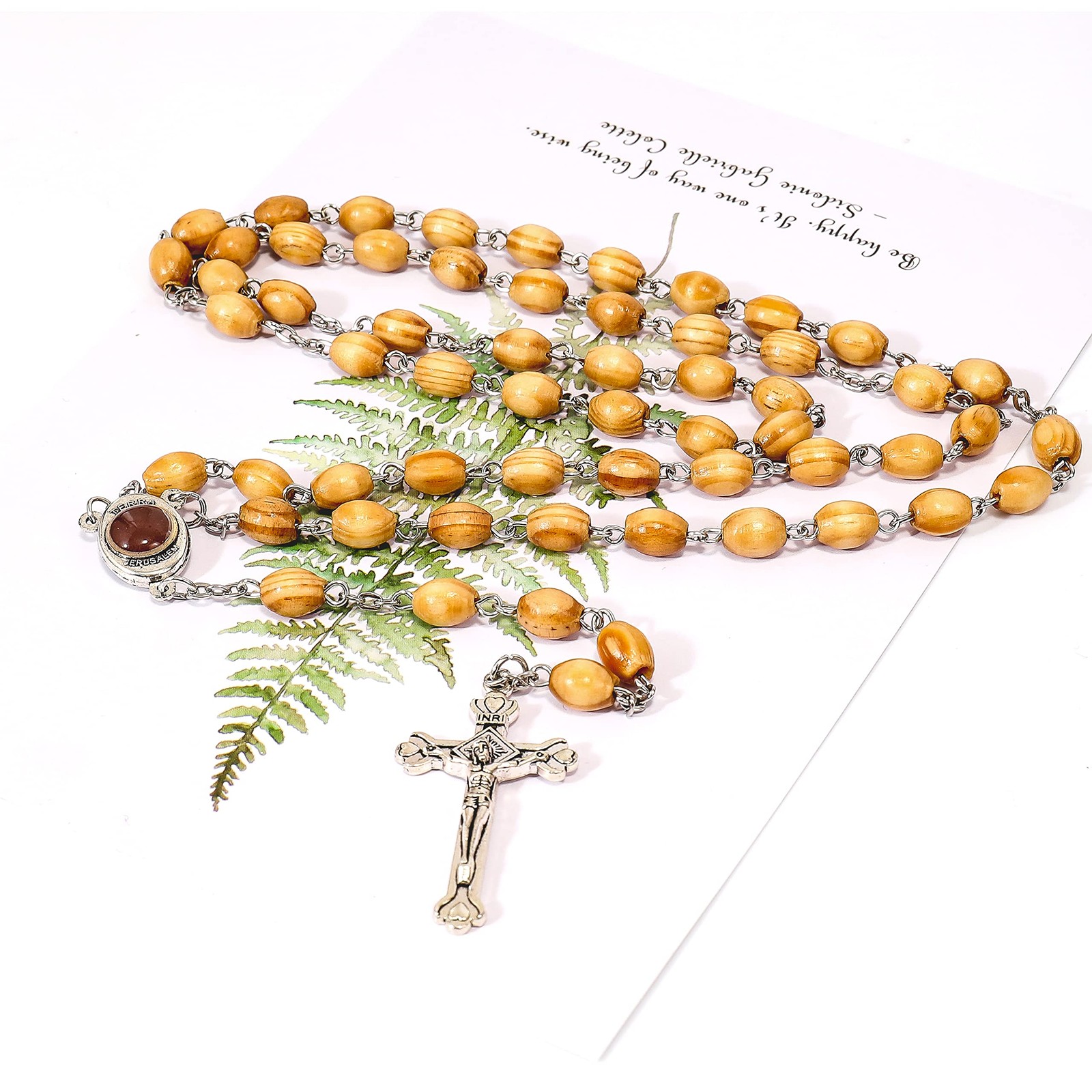 Catholic Rosary Olive Wood Beads Necklace Holy Soil Metal Cross Gift Bag