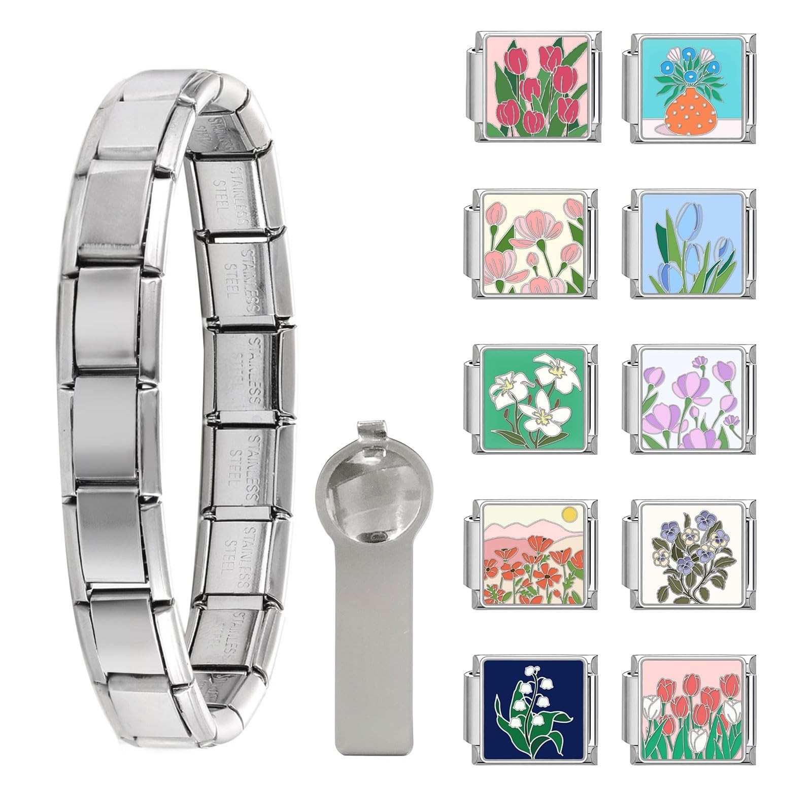 Italian Charm Bracelet Silver Set with Starter Brascelet, Flowers Assorted Charm