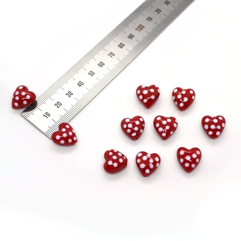 (10 pcs) Red/White Dots Heart Beads- Lampwork Beads, Approx 15x15mm